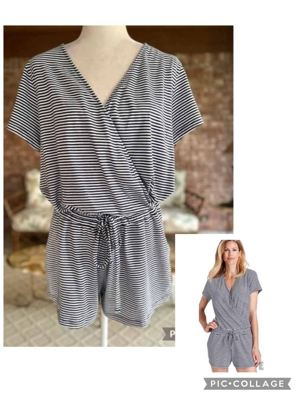 Vineyard Vines Feeder Romper Navy Blue White Stripe Knit Short Sleeve V-Neck S